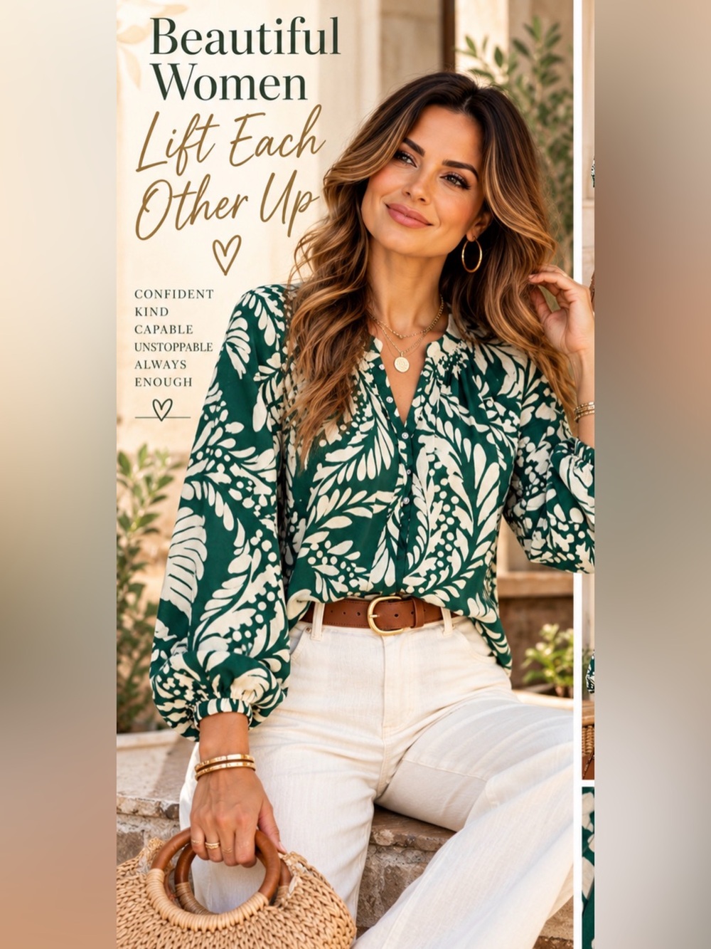 H&M Green Cream Botanical Print Balloon Sleeve Blouse Size M